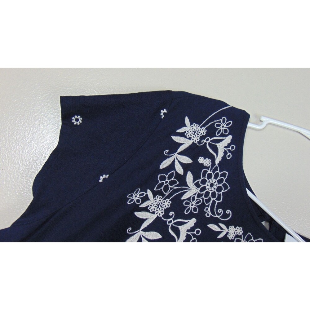 J.Jill Womens Large Navy Blue Floral Embroidered Midi Dress Short Sleeve Boho - Picture 3 of 8